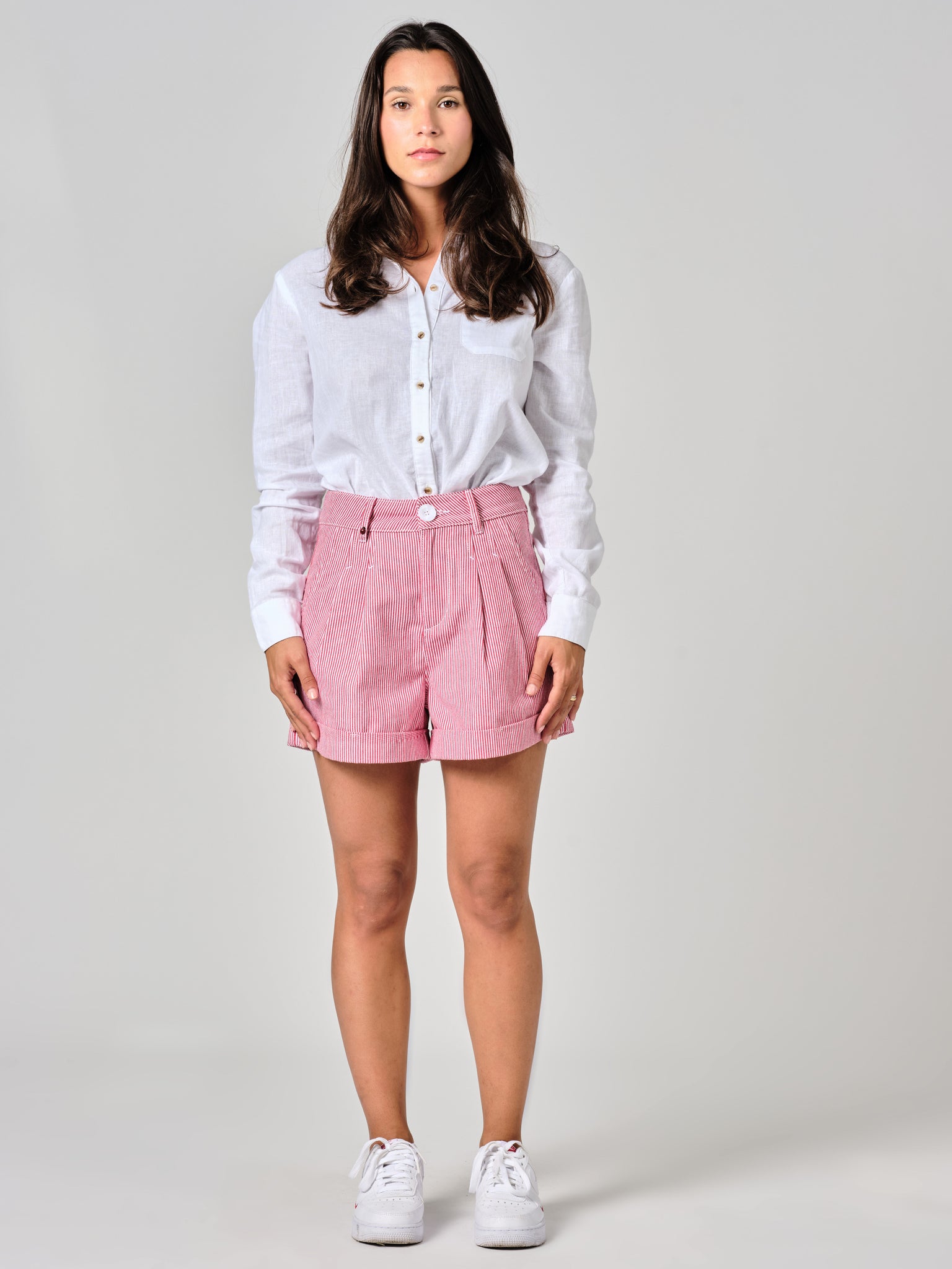 Red AMELIA STRIPE pleated shorts